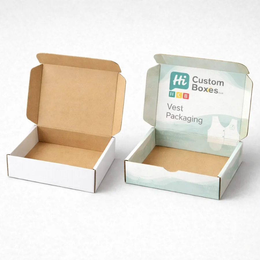 Two sturdy corrugated mailer boxes- one with an unprinted brown interior and one fully branded- class=